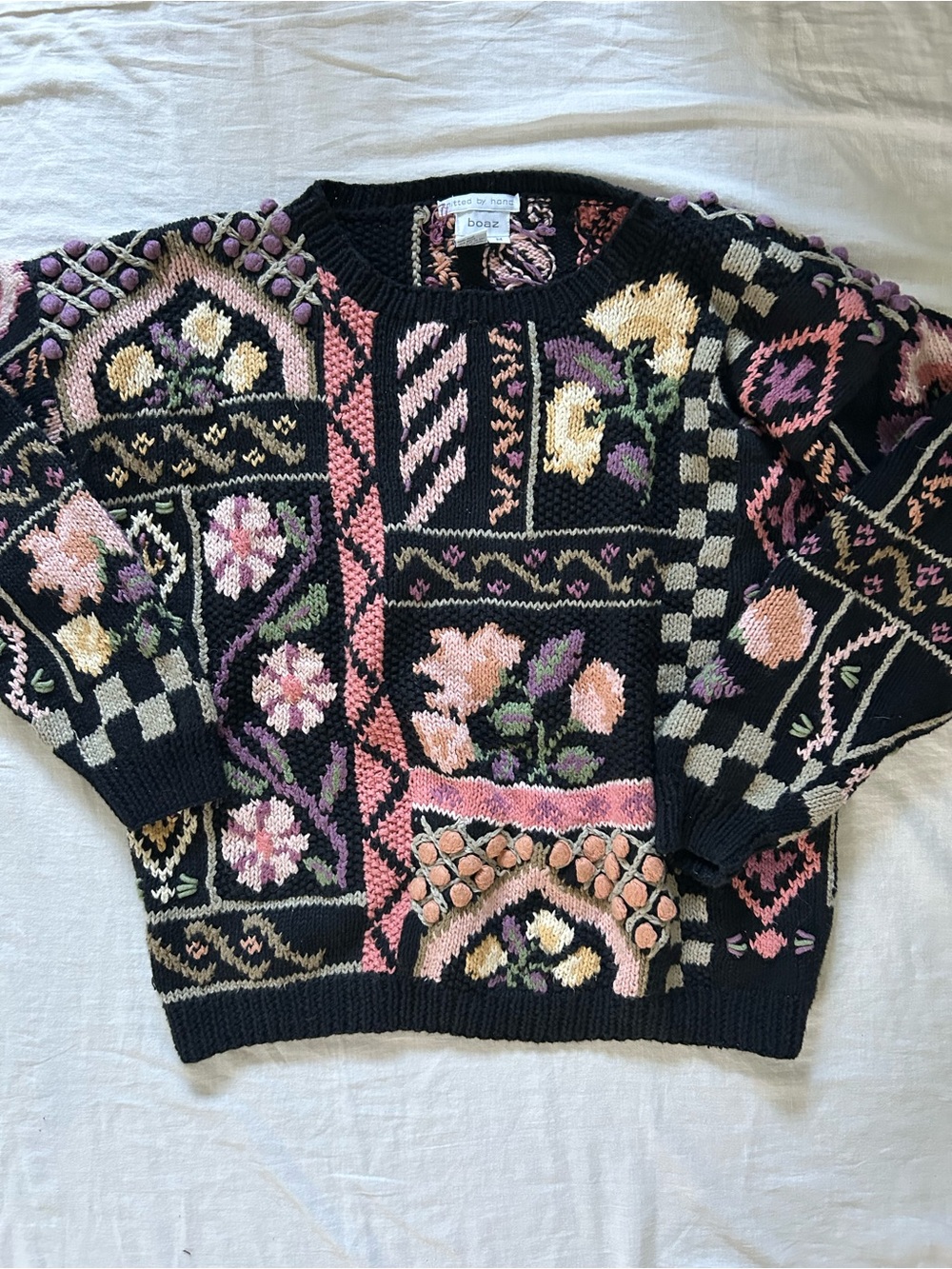 Vintage Black Floral Patchwork Crewneck Sweater with Pink & Purple Accents